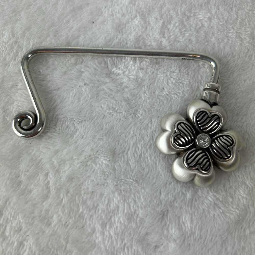 Brighton Lucky Clover Silver Tone Plated Purse Hook Table Bag Hanger  Scroll